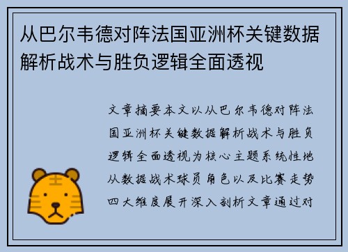 从巴尔韦德对阵法国亚洲杯关键数据解析战术与胜负逻辑全面透视