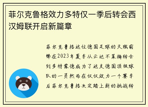菲尔克鲁格效力多特仅一季后转会西汉姆联开启新篇章